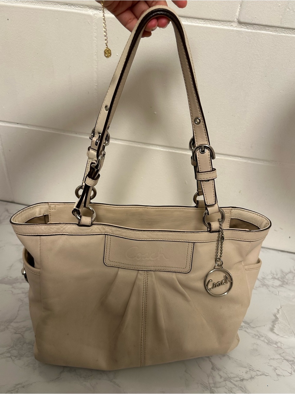 Coach Cream Leather Shoulder Tote with Signature Charm